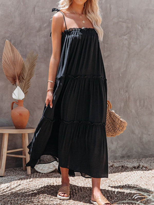 Solid Color Suspender Midi Dress – Woven Cotton Blend, Spring Style