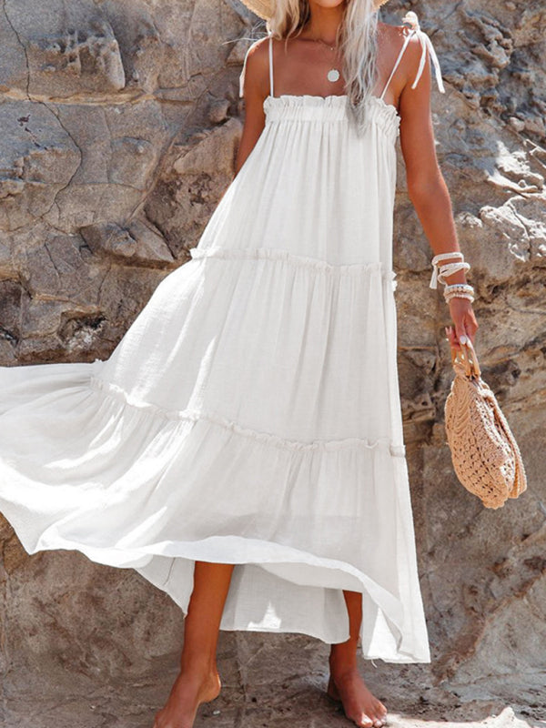 Solid Color Suspender Midi Dress – Woven Cotton Blend, Spring Style