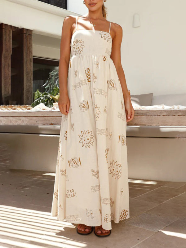 Printed Hollow-Back Suspender Dress – Flowing Fit, Lightweight & Woven