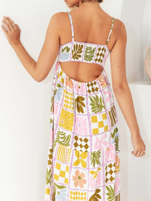 Printed Hollow-Back Suspender Dress – Flowing Fit, Lightweight & Woven
