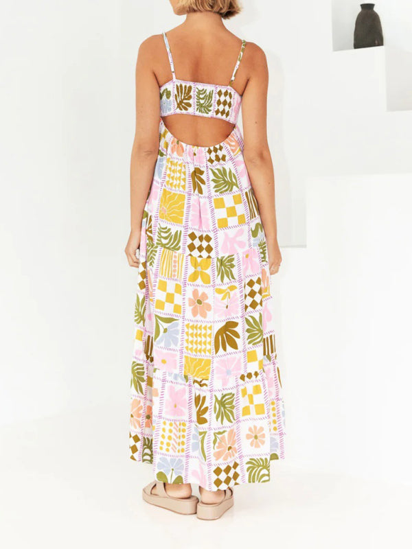 Printed Hollow-Back Suspender Dress – Flowing Fit, Lightweight & Woven