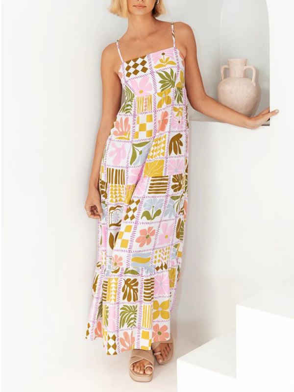 Printed Hollow-Back Suspender Dress – Flowing Fit, Lightweight & Woven