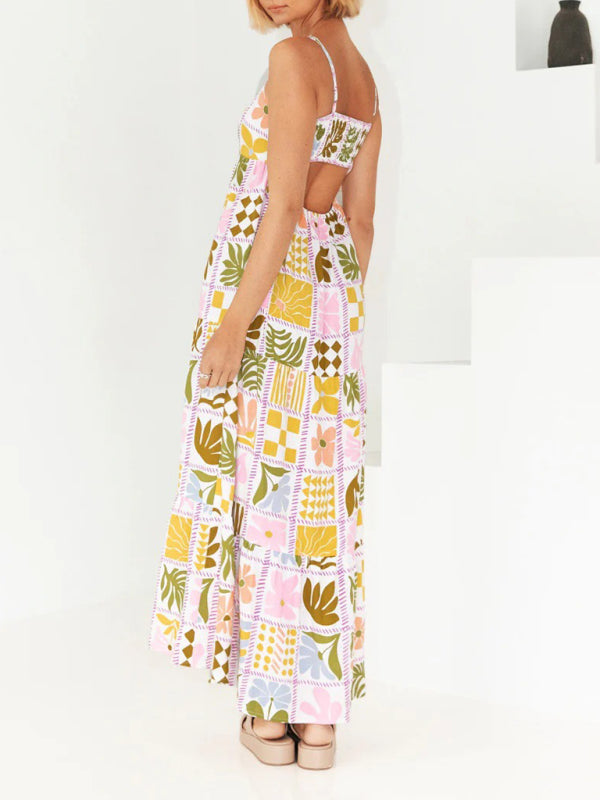 Printed Hollow-Back Suspender Dress – Flowing Fit, Lightweight & Woven