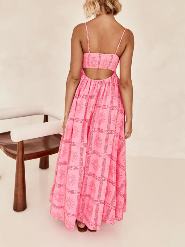 Printed Hollow-Back Suspender Dress – Flowing Fit, Lightweight & Woven
