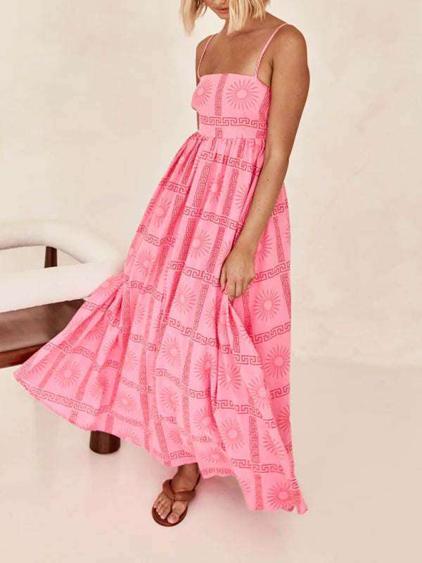 Printed Hollow-Back Suspender Dress – Flowing Fit, Lightweight & Woven