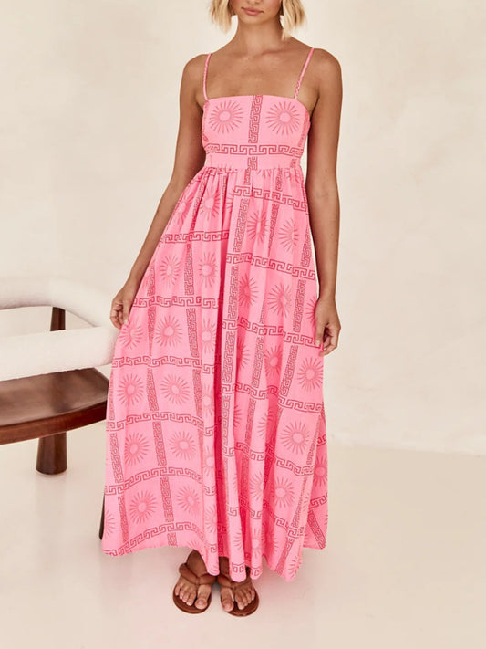 Printed Hollow-Back Suspender Dress – Flowing Fit, Lightweight & Woven