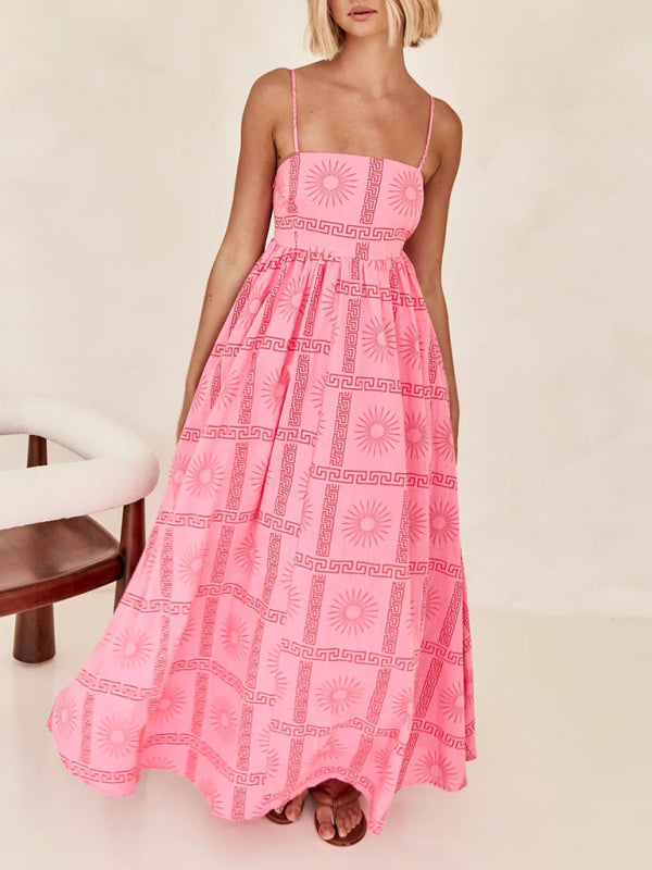 Printed Hollow-Back Suspender Dress – Flowing Fit, Lightweight & Woven