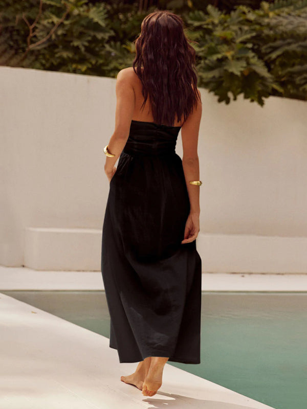 Wide Strap Halter Backless Midi Dress - Elegant Sleeveless Summer Look