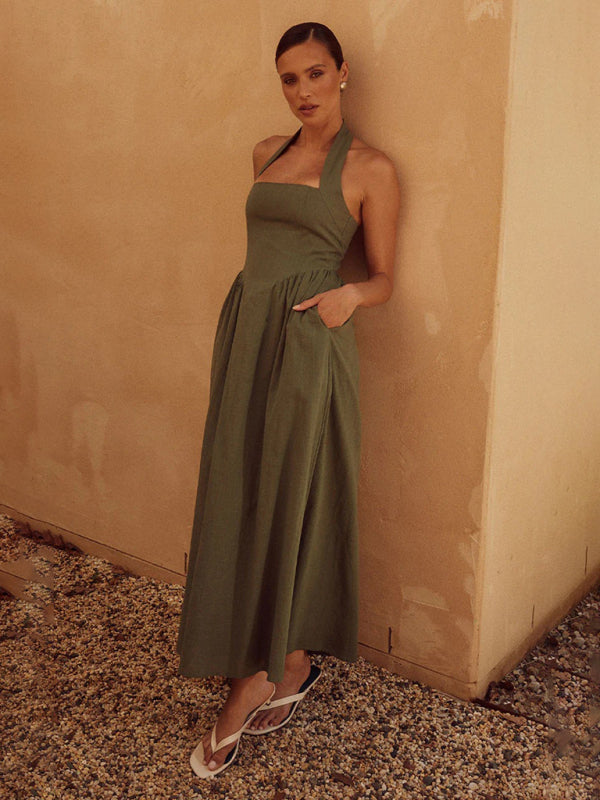 Wide Strap Halter Backless Midi Dress - Elegant Sleeveless Summer Look