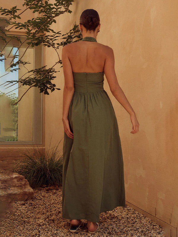 Wide Strap Halter Backless Midi Dress - Elegant Sleeveless Summer Look