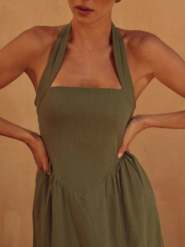 Wide Strap Halter Backless Midi Dress - Elegant Sleeveless Summer Look