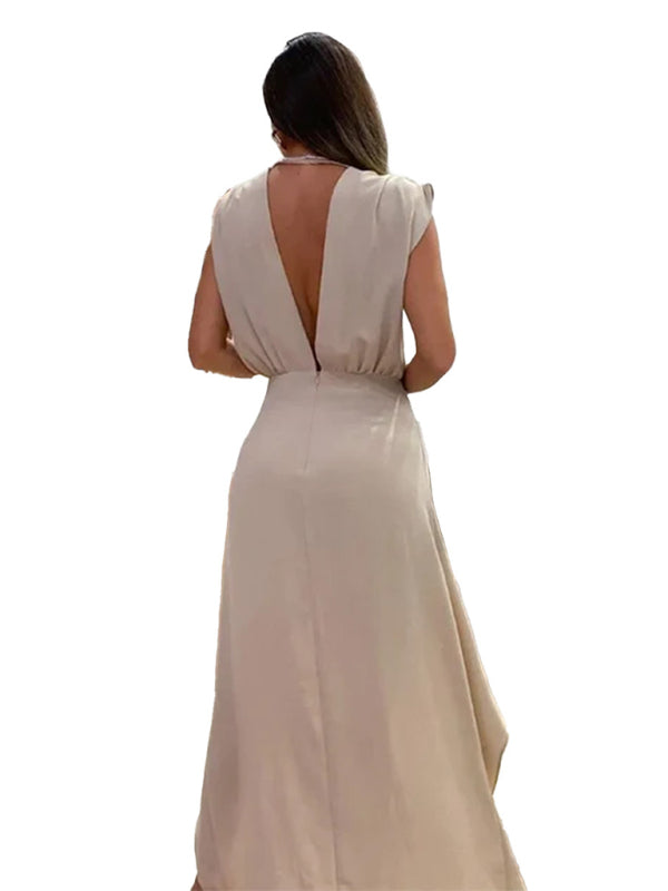 Deep V-Neck Sleeveless Double-Layer Dress – Elegant Woven Spring Style