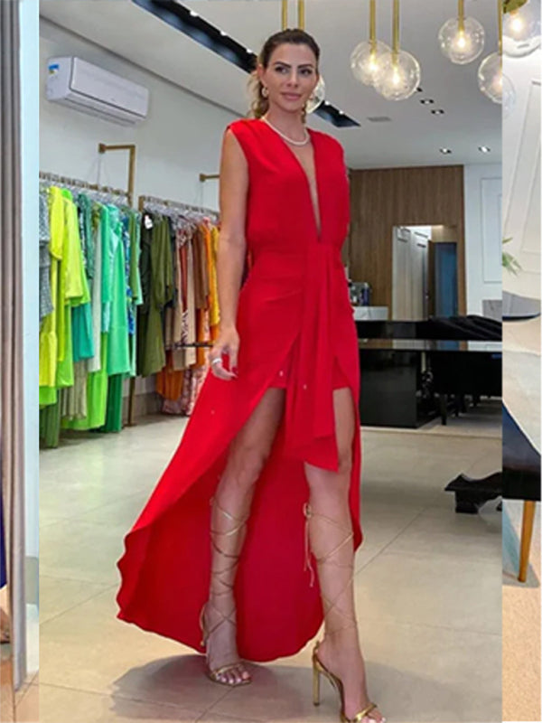 Deep V-Neck Sleeveless Double-Layer Dress – Elegant Woven Spring Style