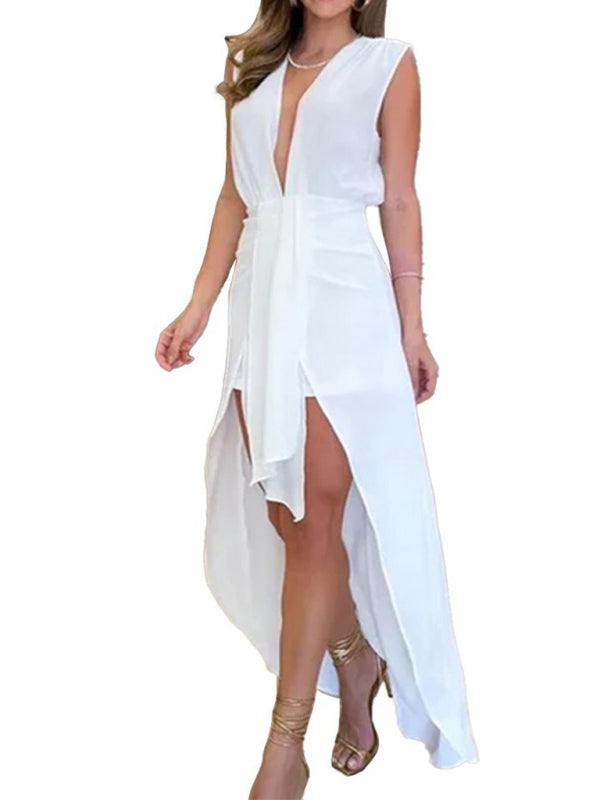 Deep V-Neck Sleeveless Double-Layer Dress – Elegant Woven Spring Style