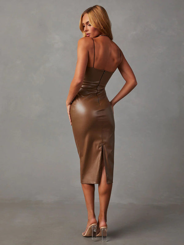 Strapless PU Leather Midi Dress – Backless Slit Silhouette for Spring Glam