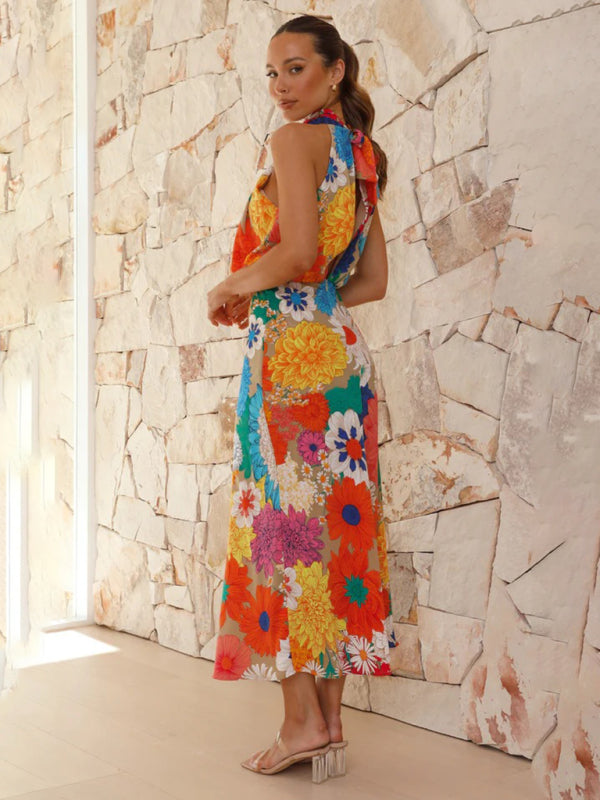 Floral Halter Neck Sleeveless Maxi Dress – Summer Vacation Waist Dress