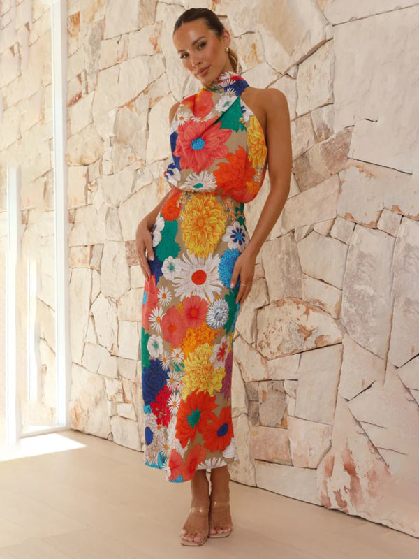 Floral Halter Neck Sleeveless Maxi Dress – Summer Vacation Waist Dress