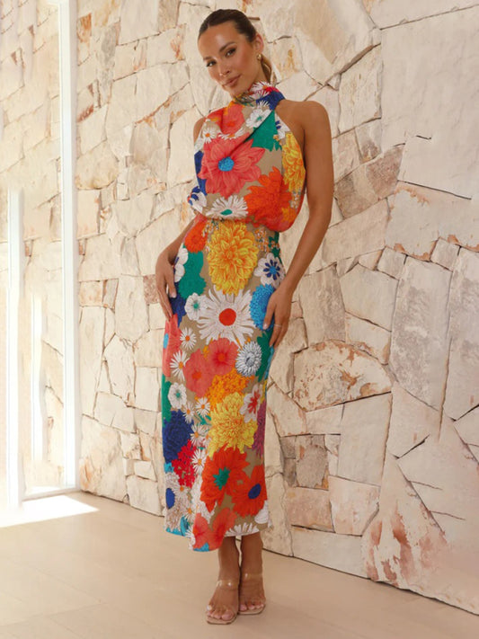 Floral Halter Neck Sleeveless Maxi Dress – Summer Vacation Waist Dress