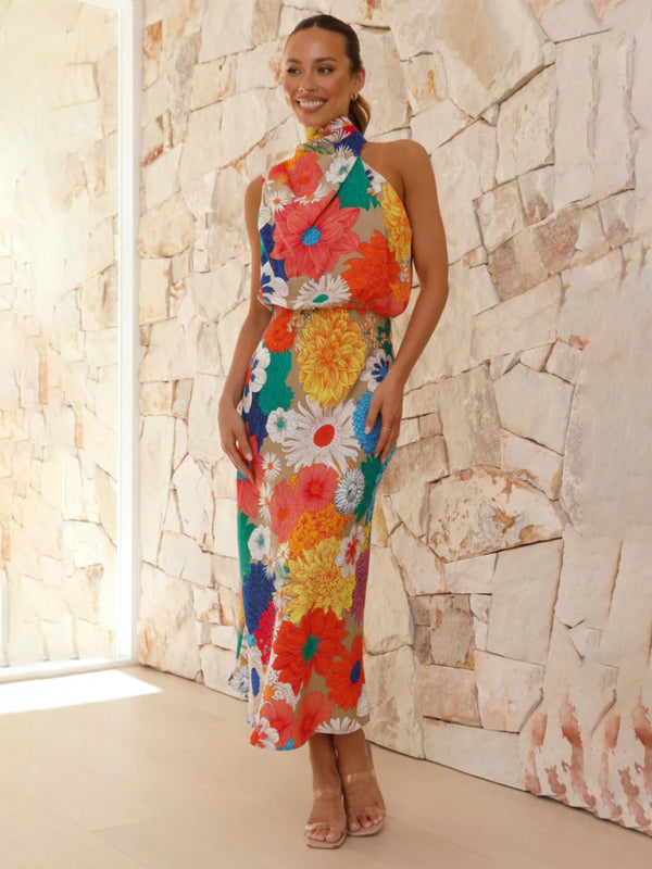 Floral Halter Neck Sleeveless Maxi Dress – Summer Vacation Waist Dress