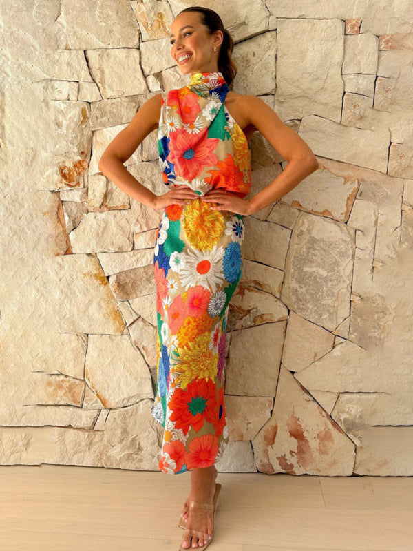 Floral Halter Neck Sleeveless Maxi Dress – Summer Vacation Waist Dress