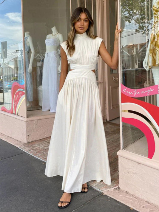 Solid Pleated Cut-Out Waist Maxi Dress – Sleeveless Leisure Style