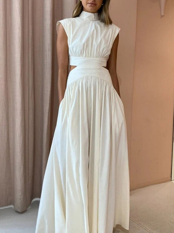 Solid Pleated Cut-Out Waist Maxi Dress – Sleeveless Leisure Style