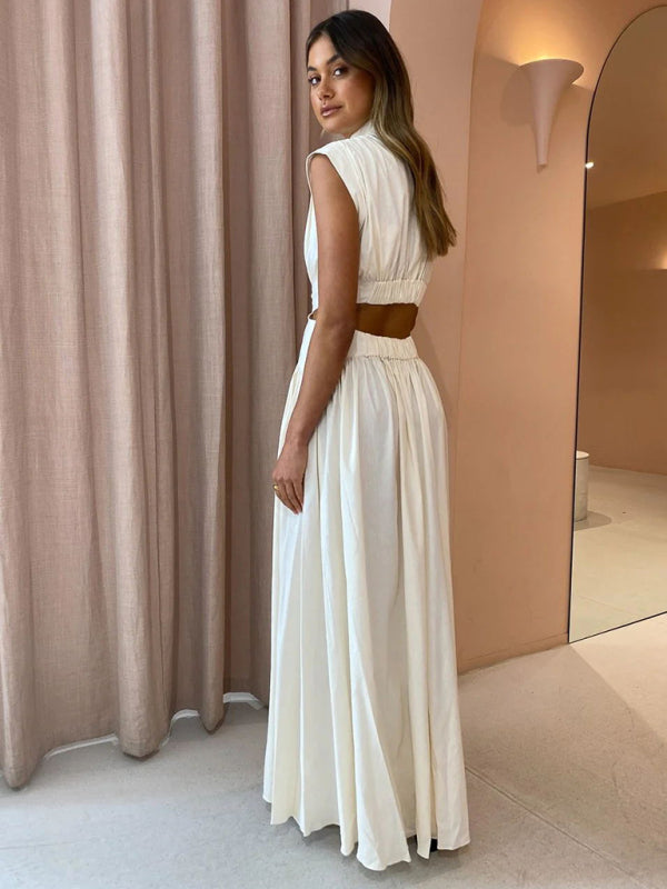 Solid Pleated Cut-Out Waist Maxi Dress – Sleeveless Leisure Style