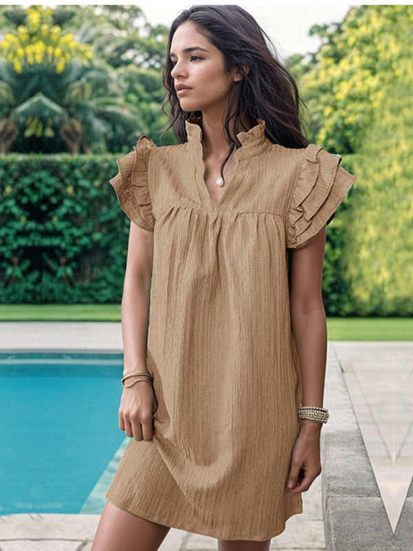Einfarbiges, gewebtes Kleid mit Stehkragen für Damen – Leichter Frühling-Sommer-Stil