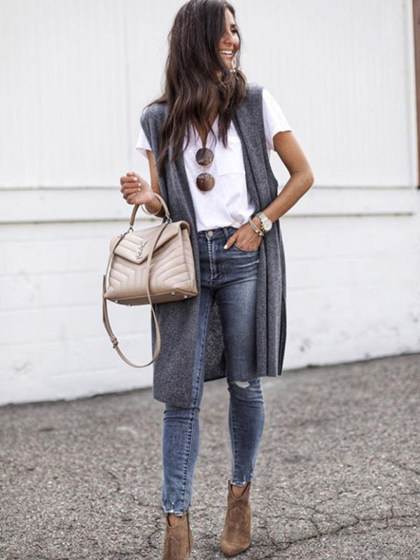 Yhtenäinen neulottu keskipitkä neuletakki liivi