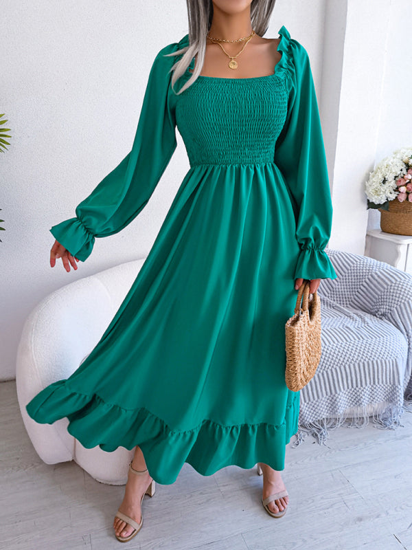 Casual Square Neck Flared Midi Dress with Ruffled Hem – Spring Summer Style