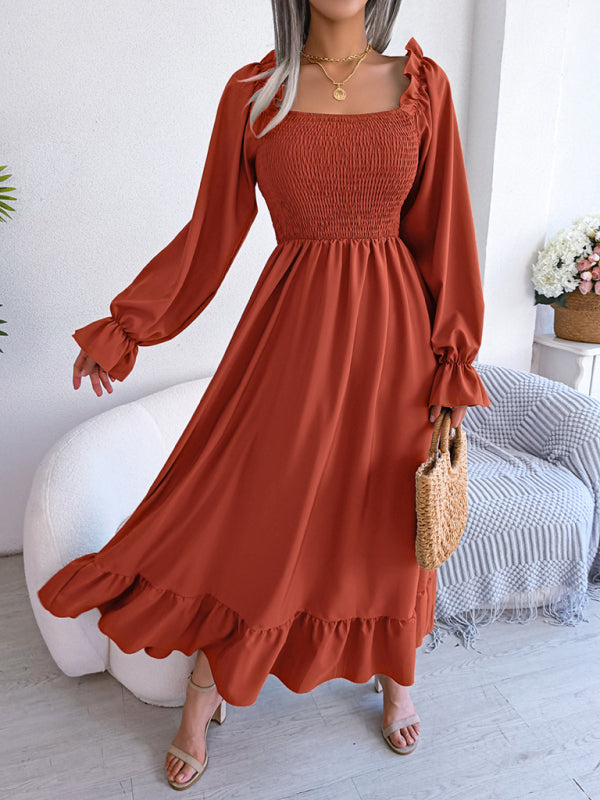 Casual Square Neck Flared Midi Dress with Ruffled Hem – Spring Summer Style