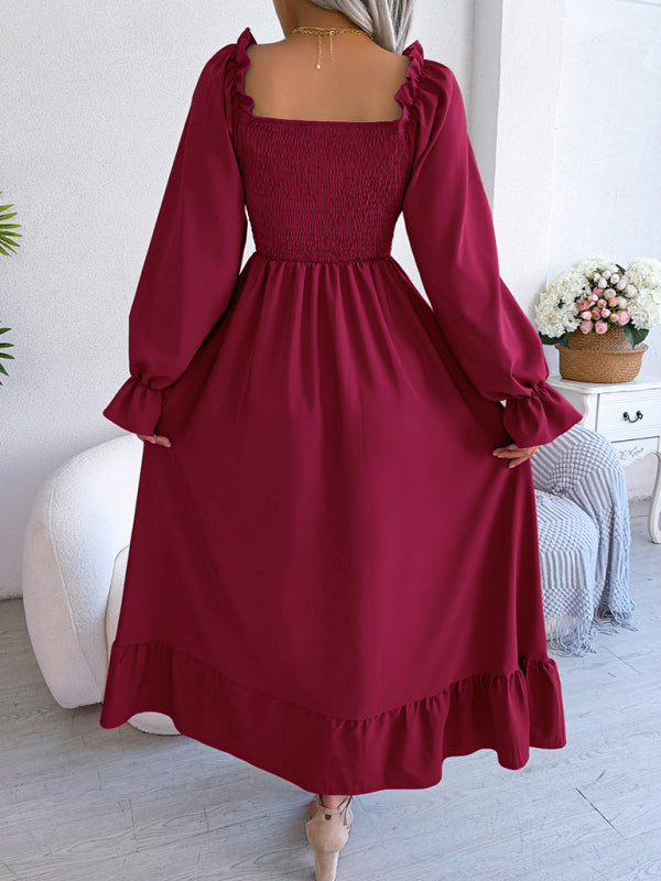 Casual Square Neck Flared Midi Dress with Ruffled Hem – Spring Summer Style