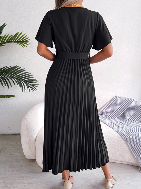 Pleated Crossover V-Neck Chiffon Midi Dress with Wide Hem