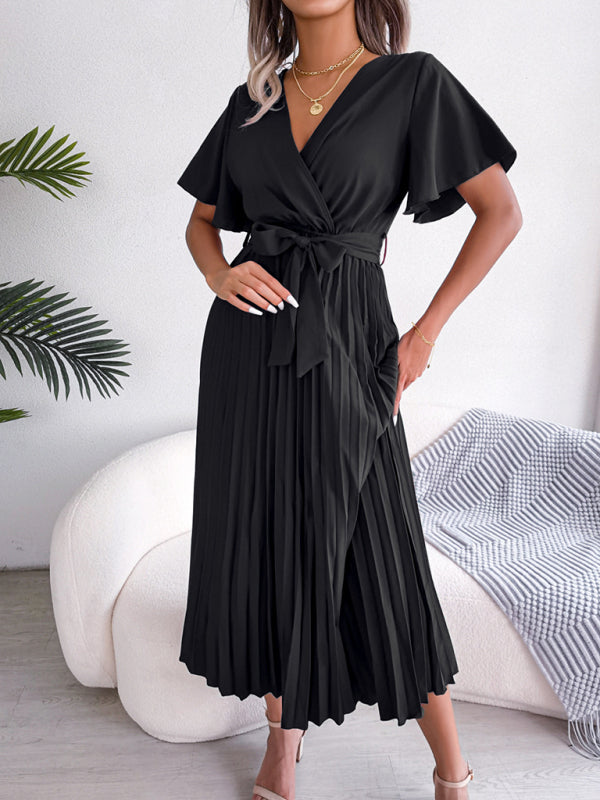 Pleated Crossover V-Neck Chiffon Midi Dress with Wide Hem