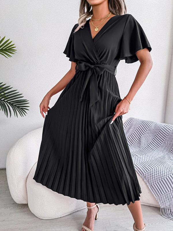 Pleated Crossover V-Neck Chiffon Midi Dress with Wide Hem