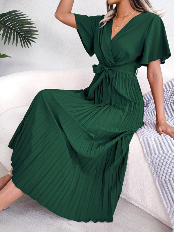 Pleated Crossover V-Neck Chiffon Midi Dress with Wide Hem