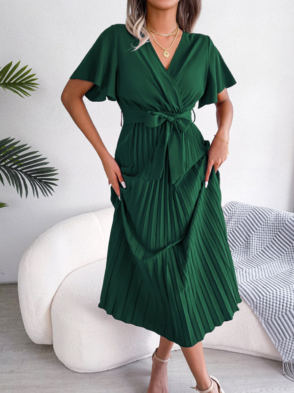 Pleated Crossover V-Neck Chiffon Midi Dress with Wide Hem