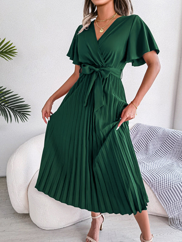 Pleated Crossover V-Neck Chiffon Midi Dress with Wide Hem