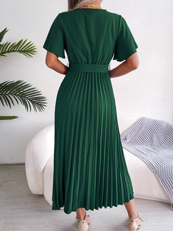 Pleated Crossover V-Neck Chiffon Midi Dress with Wide Hem