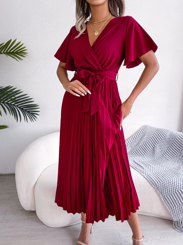 Pleated Crossover V-Neck Chiffon Midi Dress with Wide Hem
