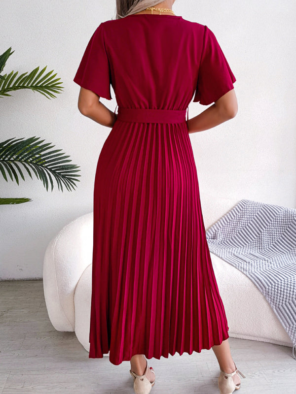 Pleated Crossover V-Neck Chiffon Midi Dress with Wide Hem