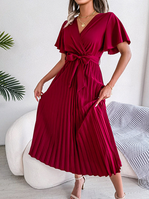 Pleated Crossover V-Neck Chiffon Midi Dress with Wide Hem