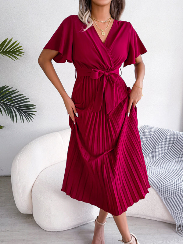 Pleated Crossover V-Neck Chiffon Midi Dress with Wide Hem
