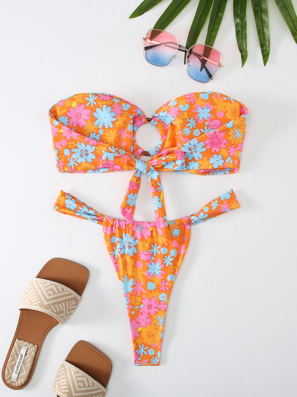 Floral Plaid Print Bandeau Bikini Set – High Stretch & Romantic Style