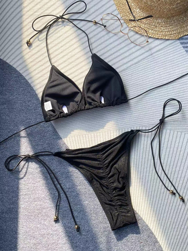 Solid Rope Strap Bikini Set – High-Stretch Knit with Sexy Secure Fit