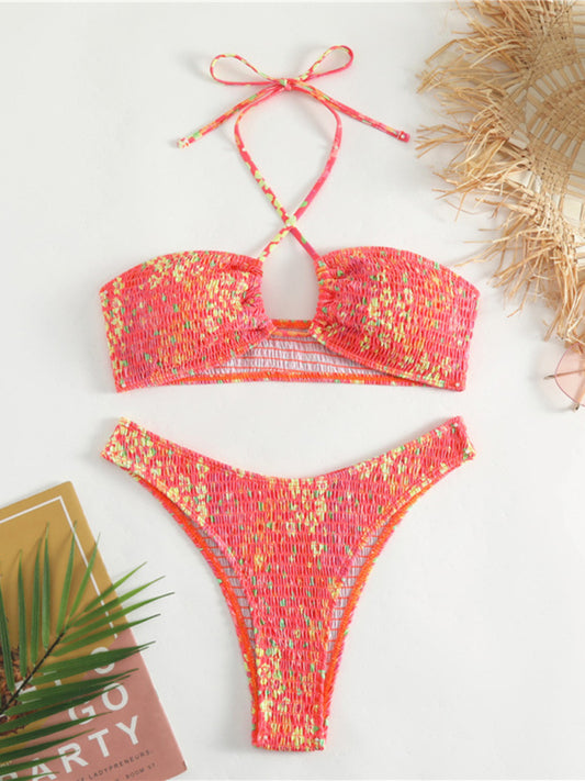 Floral Print Pleated Bikini Set – Sexy Lace-Up Top & Adjustable Suspenders