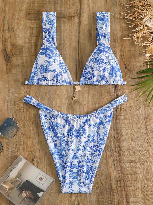 Floral Print Lace-Up Bikini Set – Adjustable Straps & Two-Piece Style