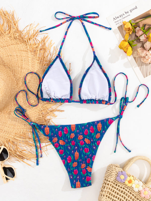 Lace-Up Pleated Two-Piece Bikini – Stretch Suspenders & Knit Fabric