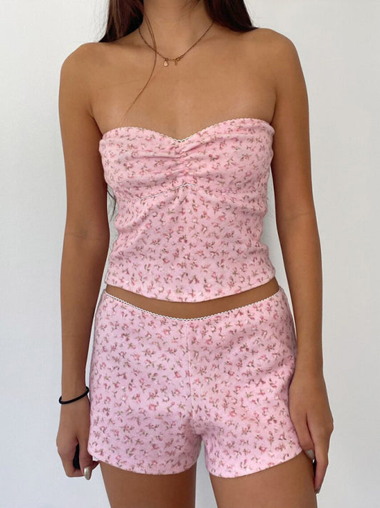 Floral Tube Top & Lace Shorts Set – Stretchy Knit Lounge Outfit