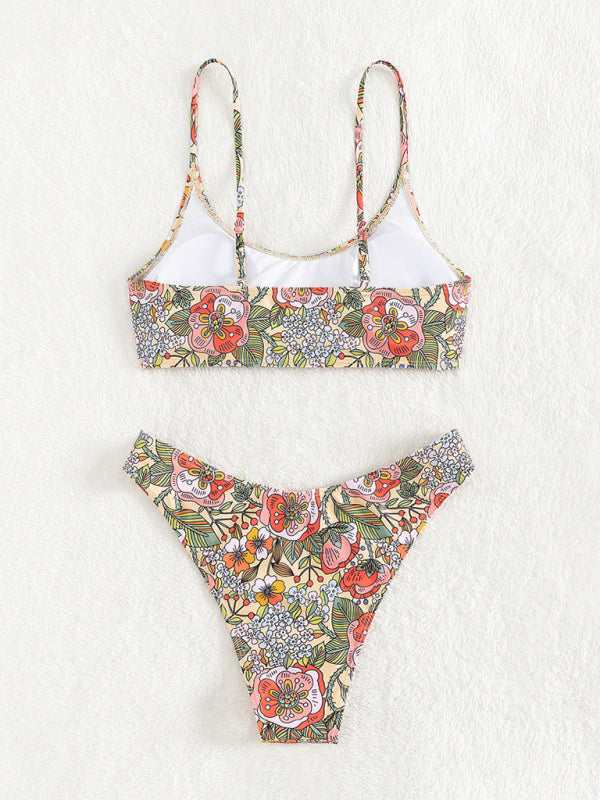 Retro Floral Tube Top Bikini – High-Waisted Bottoms, Moderate Stretch